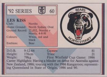 1992 Regina NSW Rugby League #60 Les Kiss Back